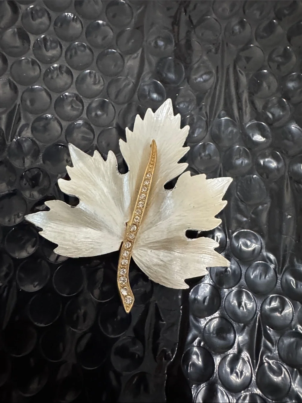 White Leaf Brooch with Crystal and gold tone Stem - Women Accessories